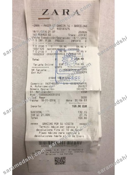 Zara store payment receipt